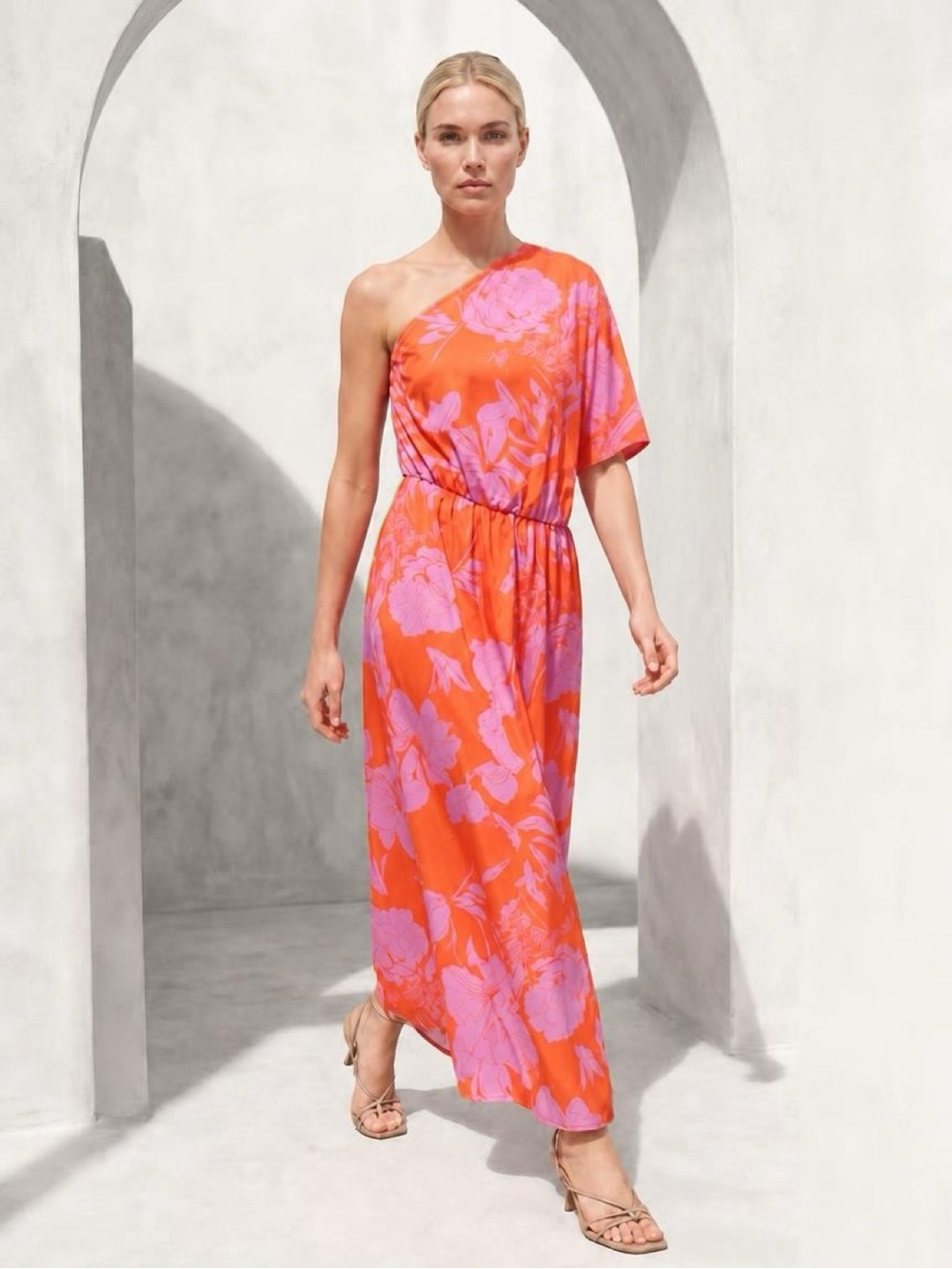 SHEIN Orange One-Shoulder Maxi Dress with Pink Floral Print